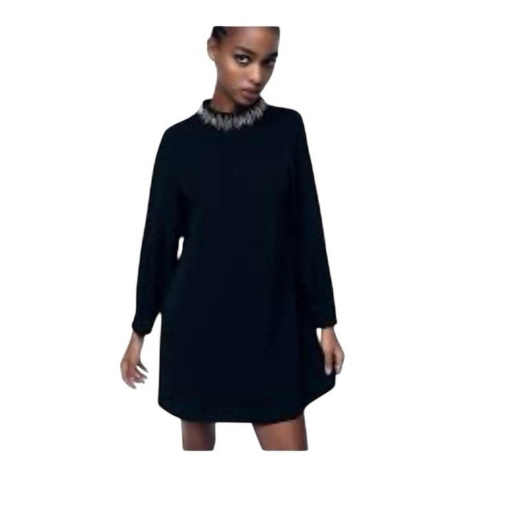 Zara Black Beaded Collar Shift Dress Long Sleeve Sequin Mini XS